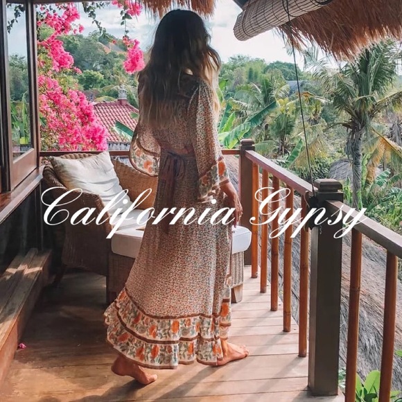 Boho Floral Gypsy Print Maxi Dress Kimono - Picture 10 of 16